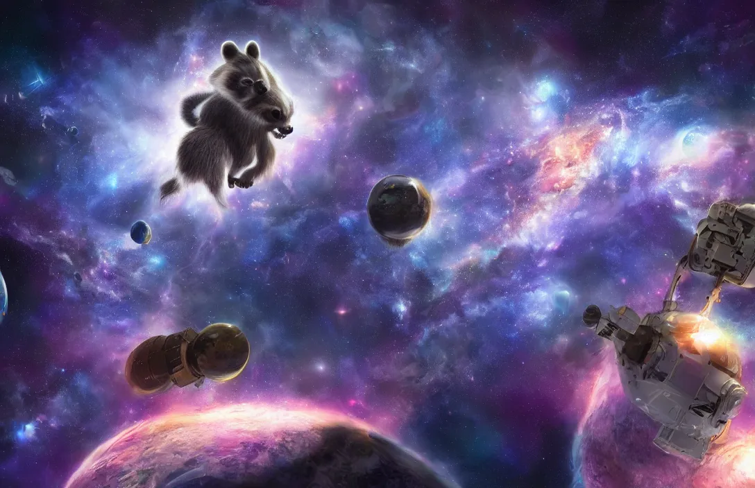 Prompt: A digital concept art painting a space cosmic racoon in the stars 4K UHD image, unreal engine, space art concept