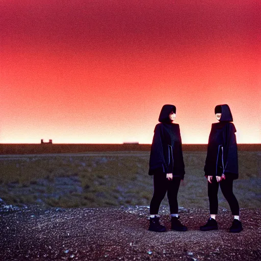 Image similar to cinestill 5 0 d photograph of 2 women wearing black techwear in front of a brutalist sharp - edged metal building, on a desolate plain, red eerie sky, sigma 8 5 mm f / 1. 4, 4 k, depth of field, high resolution, highly detailed, 4 k, 8 k, hd, full color