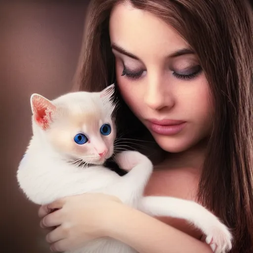 Prompt: !dream Beautiful woman with long hair, breastfeeding an atomically correct Siamese kitten, aesthetic, photo realistic, detailed digital digital photography, First-Person, Full-HD, Natural Lighting - 10.16 - i