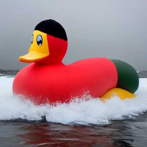 Prompt: an inflatable duck in the middle of the storm.