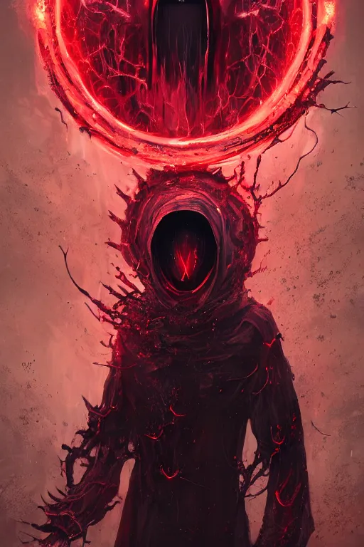 Prompt: A full body portrait of a mysterious character with four red eyes no face with a very long hooded yellow cloak, a golden crown floating above his head tentacles coming out the ground art by Maciej Kuciara and Jason Chan, ominous, cosmic horror, trending on artstation, Ultra detailed, hyper realistic 4k