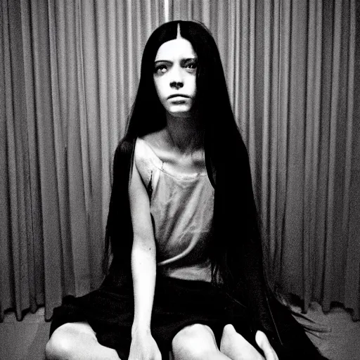 Image similar to photo of lonely young girl エウリン with straight long black hair wearing black dress that sitting on bathroom floor, photo made by mario testino and vanessa beecroft, model エリサヘス ・ セイモア from acquamodels. com, render by artgem and alphonse mucha for capcom co, resident evil