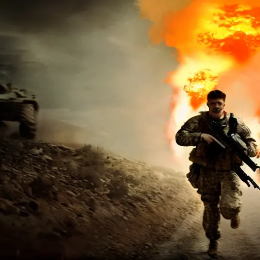 Prompt: soldier running toward the camera with a m4 rifle raised to his shoulder with a massive fiery explosion behind him, cinematic lighting, hdr, gritty in the style of the movie lone survivor