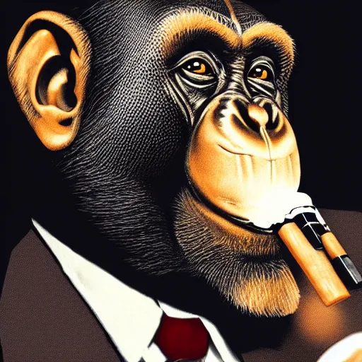 Image similar to a high detail photo of an antropomorphic chimp wearing a suit smoking a cigarrette, subject= chimp, subject detail: wearing a suit, subject action: smoking a cigarrette photorealism