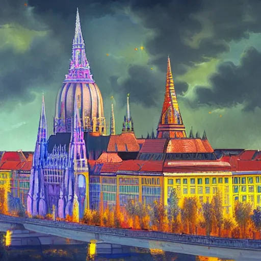 Prompt: stunning painting of an oversized colorful translucent gummy bear towering over panoramic budapest with parliament, destroying buildings, hyperdetailed illustration, by artgerm, artstation, unreal engine 5 photorealistic