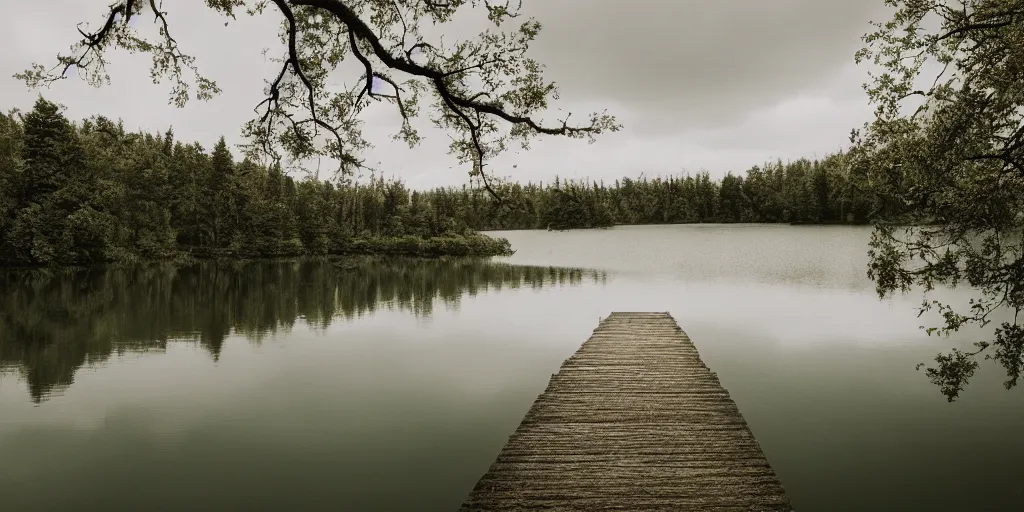Prompt: centered photograph of a long rope snaking directly on the surface of the water, rope center of the lake, a dark lake on a cloudy day, color film, trees in the background, hyper detailed photo, anamorphic lens