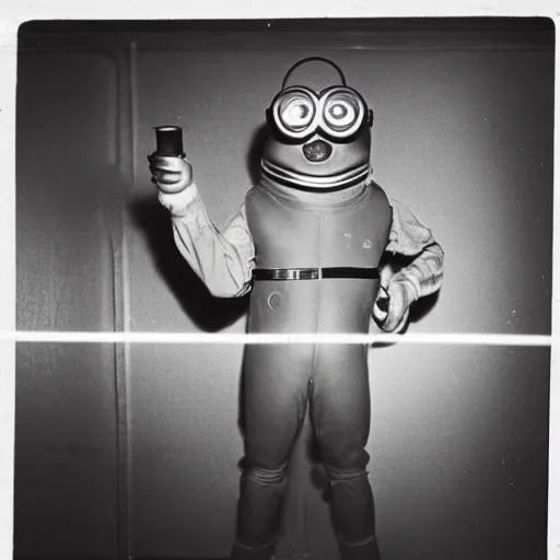 Image similar to old creepy black and white photograph of a minion in deep sea diving gear