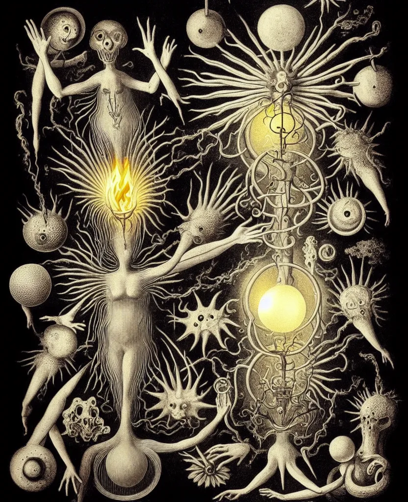 Image similar to whimsical freaky creature sings a unique canto about'as above so below'being ignited by the spirit of haeckel and robert fludd, breakthrough is iminent, glory be to the magic within