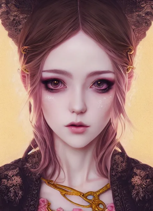 Image similar to dreamlike luxury stunning gothic girl portrait, pale pink and gold kimono, art by artgerm, wlop, loish, ilya kuvshinov, 8 k realistic, hyperdetailed, beautiful lighting, detailed background, depth of field, symmetrical face, frostbite 3 engine, cryengine,