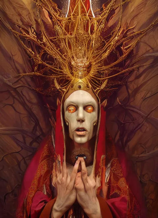 Image similar to slender high priest in a ornate robe, strange headpiece, subsurface scattering, by gerald brom, karol bak, tomasz alen kopera, cgsociety and fenghua zhong, highly detailed, rim light, cinematic lighting, illustration, art, octane render, very coherent, cinematic, hyper realism, high detail, octane render, 8 k