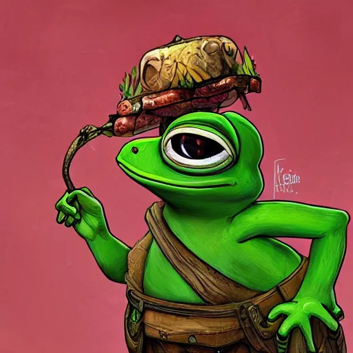 Image similar to Pepe the frog warrior character in Vasya Lozhkin artist style, HD , 4K, oil on canvas, sharp focus, cinematic composition, dramatic pose, hyper detailed