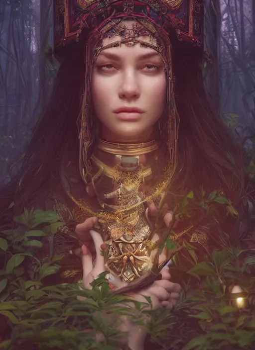 Image similar to Beautiful art portrait of a female fantasy priestess in a bright temple surrounded by lush forest, atmospheric lighting, intricate detail, cgsociety, hyperrealistic, octane render, RPG portrait, ambient light, dynamic lighting