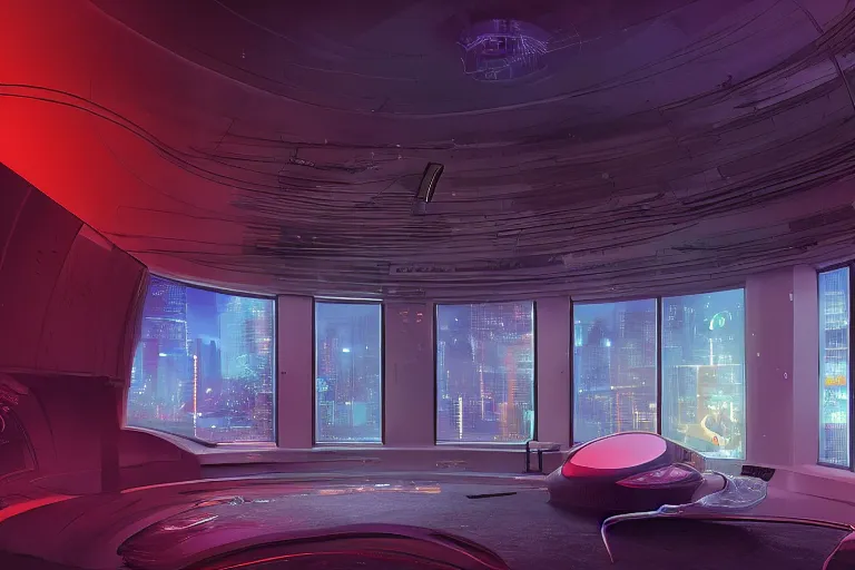 Image similar to a futuristic bedroom with large curved ceiling high windows looking out to a far future cyberpunk cityscape, cyberpunk neon lights, raining, scifi