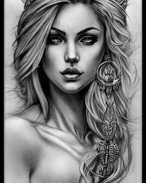 Image similar to tattoo sketch of beautiful greek goddess aphrodite with arrowhead earrings, beautiful piercing eyes, flowing blonde hair, realistic face, hyper realistic, in the style of greg rutkowski, fantasy, amazing detail, epic, intricate, elegant, smooth, sharp focus