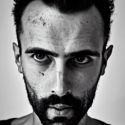 Image similar to black and white close - up portrait shot, studio photograph of a male symmetrical handsome andrea belluci the painter artist, casual clothes, anxiety and depression, intricate, elegant, highly detailed, hyper realistic, dark background, flickr, smooth, 4 k, 3 0 0 dpi, sharp focus, shot by canon