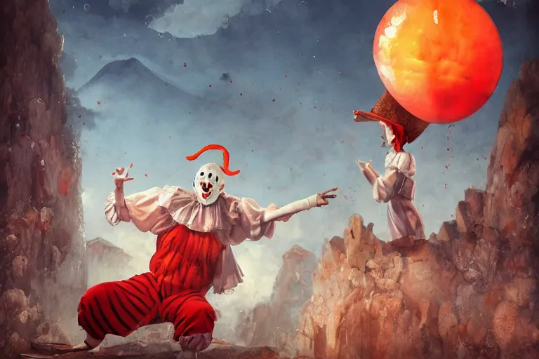 Prompt: pennywise as pulcinella! with a pizza! margherita in front of vesuvius! spewing lava, by esao andrews, by james jean, post - apocalyptic, hyperrealistic, big depth of field, night scenery, glowing lava, 3 d octane render, 4 k, conceptart, masterpiece, hyperrealistic, trending on artstation