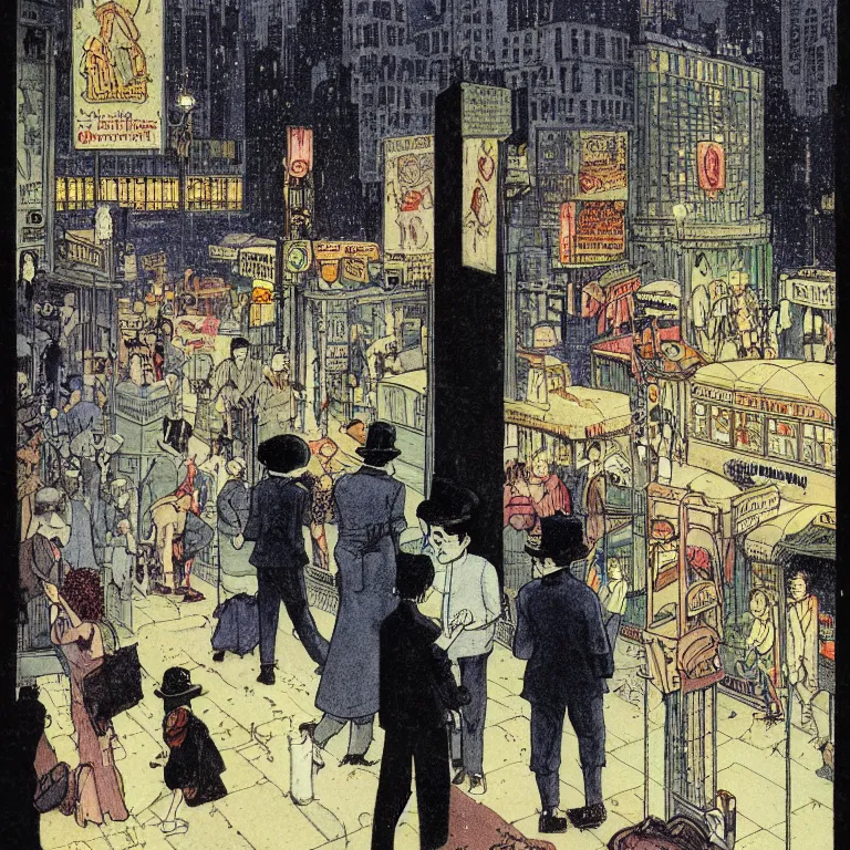 Image similar to some people waiting in bus stop in quiet dark city night, detailed, high quality, high resolution, color illustration by Winsor McCay little nemo