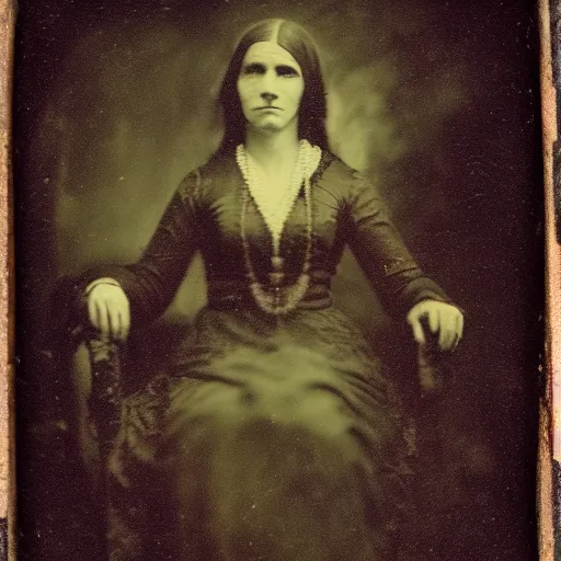 Image similar to daugerreotype of cthulhu high priestess. ambrotype of occult priestess. tintype of a beautiful woman