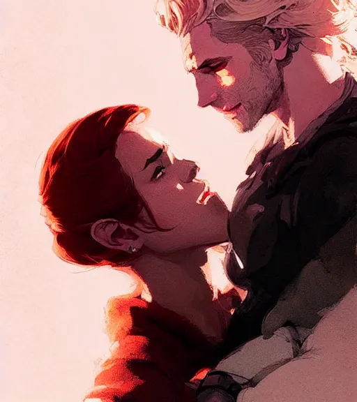 Image similar to portrait of cullen kissing dany by atey ghailan, by greg rutkowski, by greg tocchini, by james gilleard, by joe fenton, by kaethe butcher, dynamic lighting, gradient light pink, brown, blonde cream and white color scheme, grunge aesthetic