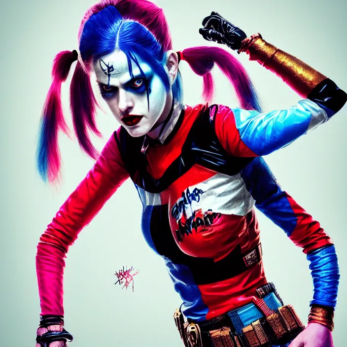 Image similar to portrait of alexandra daddario as a harley quinn in suicide squad. intricate abstract. intricate artwork. by tooth wu, wlop, beeple, dan mumford. octane render, trending on artstation, greg rutkowski very coherent symmetrical artwork. cinematic, hyper realism, high detail, octane render, 8 k, iridescent accents