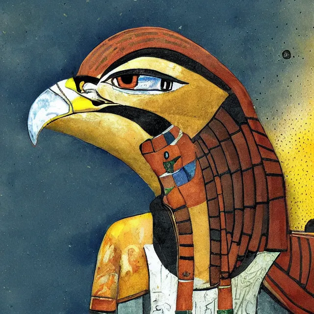 Image similar to rough painting of Horus the falcon headed egyptian god by Enki Bilal and Dave McKean