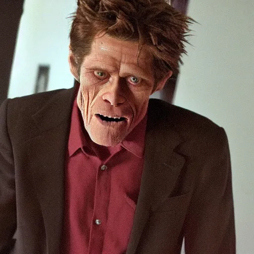 Prompt: willem dafoe silently entering a red bedroom