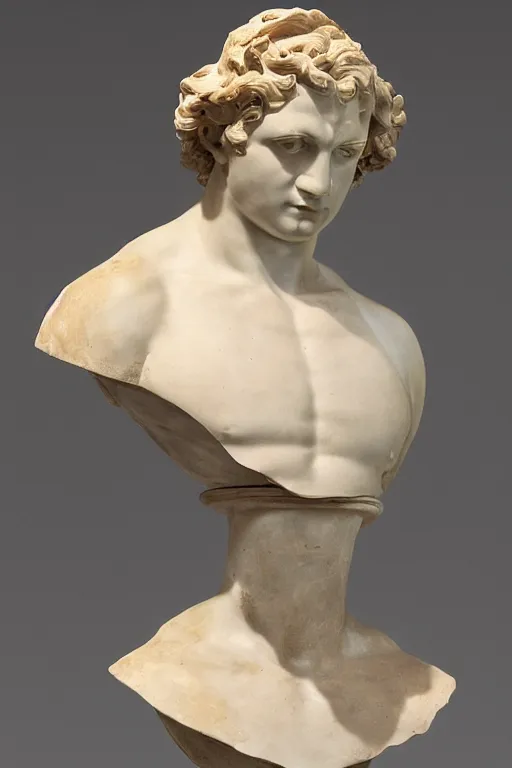 Image similar to a beautiful sculpture of a greek bust of apollon by jean - baptiste carpeaux and christophe charbonnel, rust and plaster materials