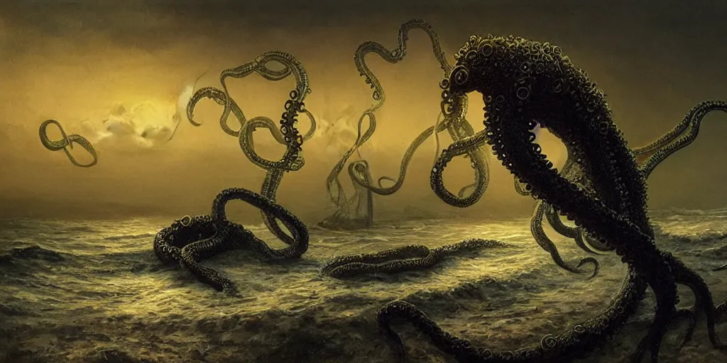 Image similar to landscape view on an old fishing village at night, a tentacled creature emerging from the ocean, night colors, high - key lighting, beautiful composition, intricate, gradient from green to black, pro photography by, highly detailed, digital painting, art by artgerm and greg rutkowski and alphonse mucha, smooth, sharp focus illustration