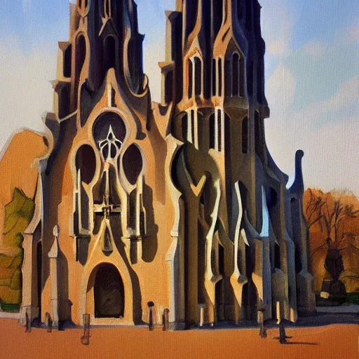 Prompt: a landscape painting of a church by Antoni Gaudí, trending on artstation