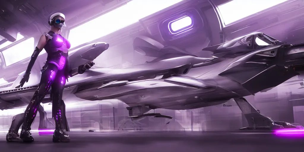 Prompt: cyberpunk concept inspired jet, futuristic look, highly detailed body, aerodynamic body, photorealistic camera shot, bright studio setting, studio lighting, crisp quality and light reflections, unreal engine 5 quality render, purple and dark tones