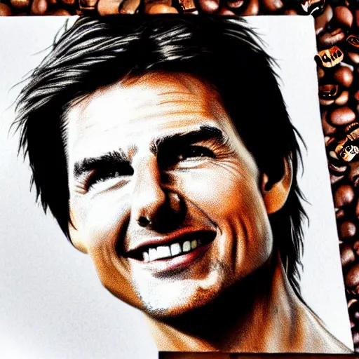 Image similar to tom cruise portrait recreated with coffee beans on a white surface, 8K, detailed, product photo