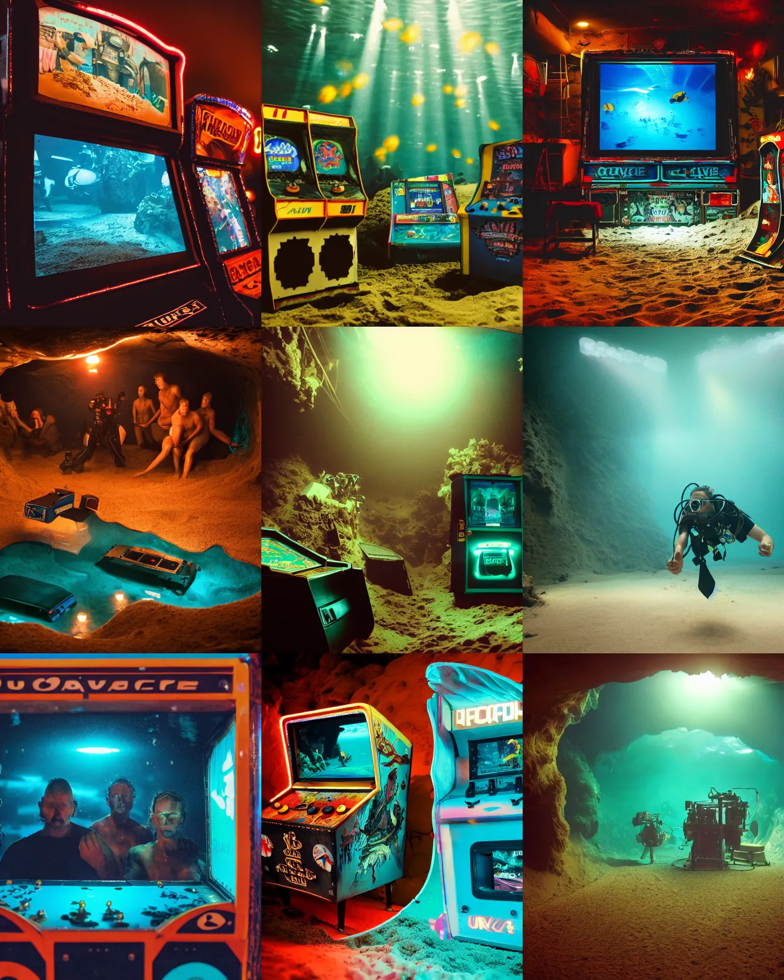 Prompt: movie still from underwater cave divers finding vintage arcade machines in the sand, rack focus, close establishing shot, gloomy, dark teal lighting, soft dramatic lighting, 4 k digital camera