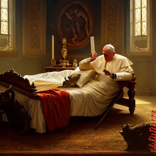 Prompt: the pope is in his bed, nervous and terrified, because a double horned shadow beast from hell is attacking him. highly detailed painting by gaston bussiere, j. c. leyendecker, greg rutkowski, craig mullins 8 k