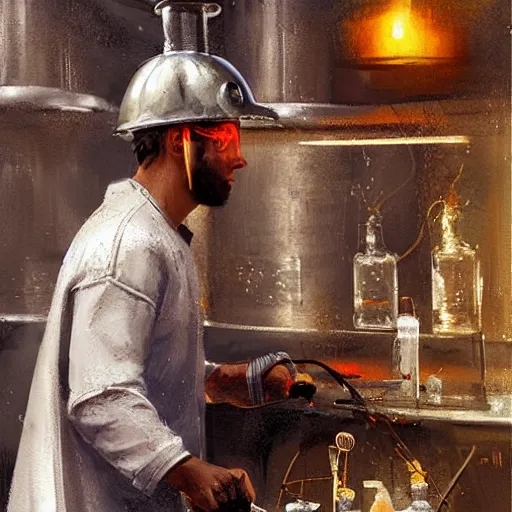 Prompt: medieval fantasy alchemist wearing a helmet working in laboratory, oil painting, by Greg Rutkowski