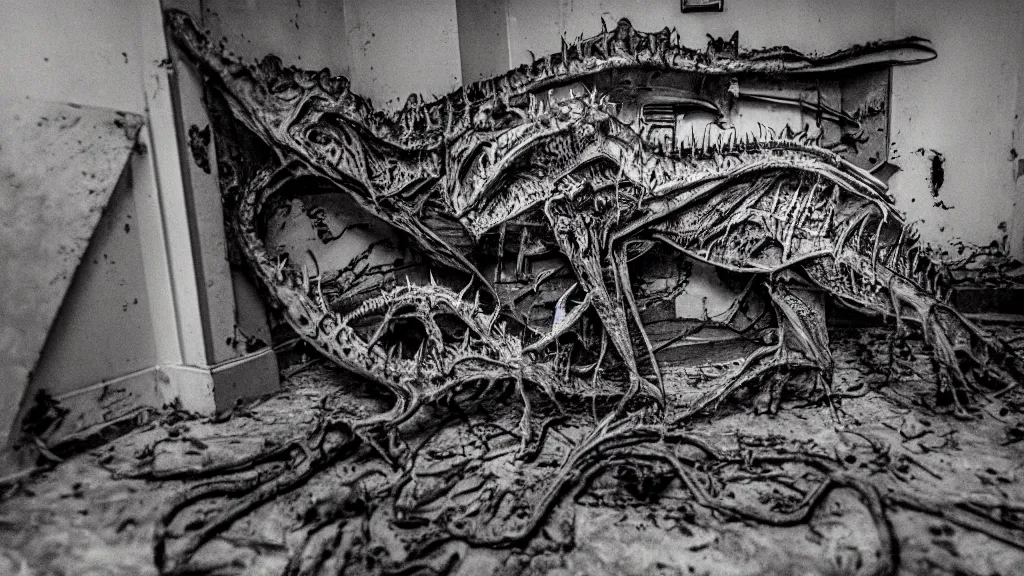 Image similar to a photograph of a decomposing thanatosdrakon in an old dilapidated mental hospital, scary, dark, hyper - detailed