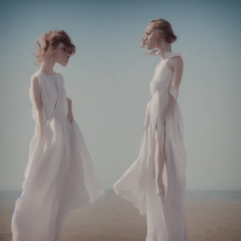 Prompt: a portrait photography of Jennyfer Lawrence with full body dress in white by Flora Borsi, stand up with the sea behind, soft sunset lighting, pastel colors scheme, fine art photography, dramatic backgroung, 80 mm sigma art