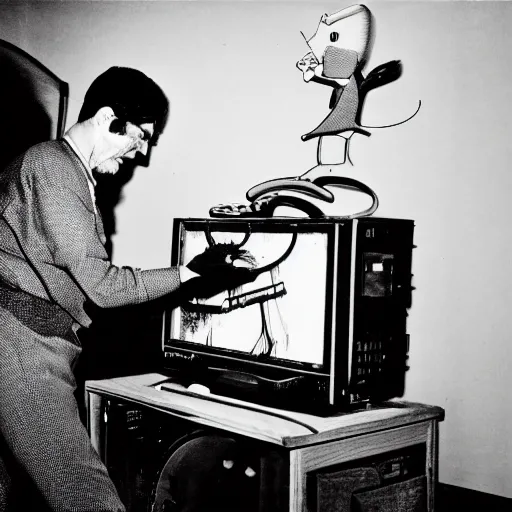 Image similar to a black and white photograph of a man destroying a computer until it sparks, by gary baseman, by robert crumb, by jim henson, photorealistic, surreal, soft lighting, film photography, home photography, home video