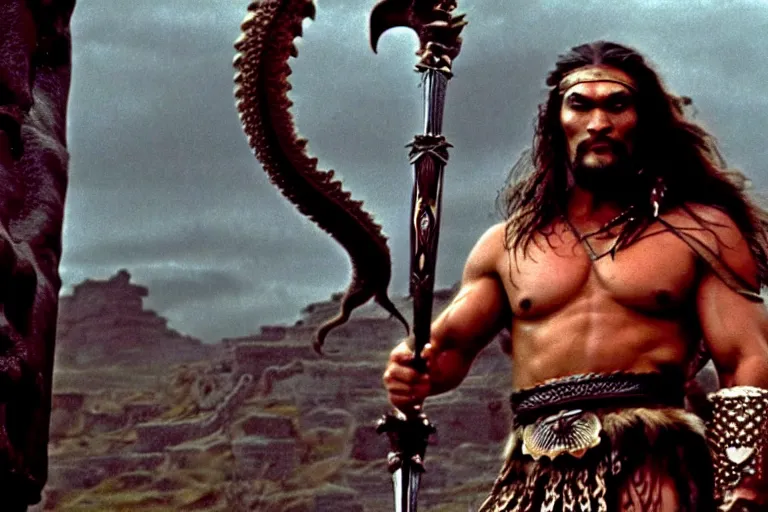 Image similar to 7 0 mm film still from conan the barbarian, jason momoa as conan with a giant sword wearing ornate dragon armor in the wet tombs of medusa skulls and snakes, cinematic, volumetric lighting, mist, wet skin and windblown hair, muscular!!!, heroic masculine pose, ridley scott