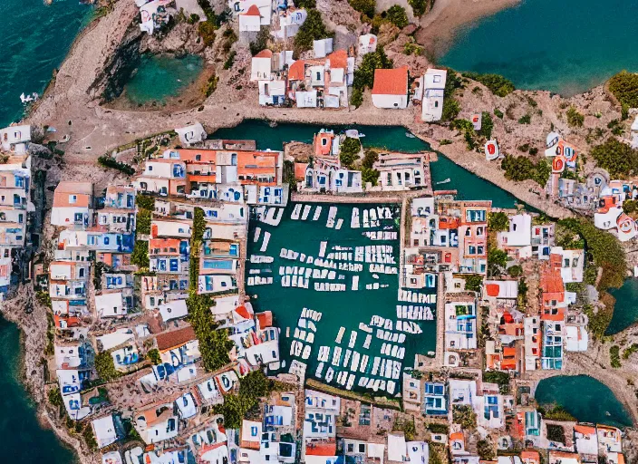 Prompt: symmetry!! a 2 8 mm macro aerial view of a beautiful seaside town in greece, photography, film, film grain, canon 5 0 mm, cinematic lighting