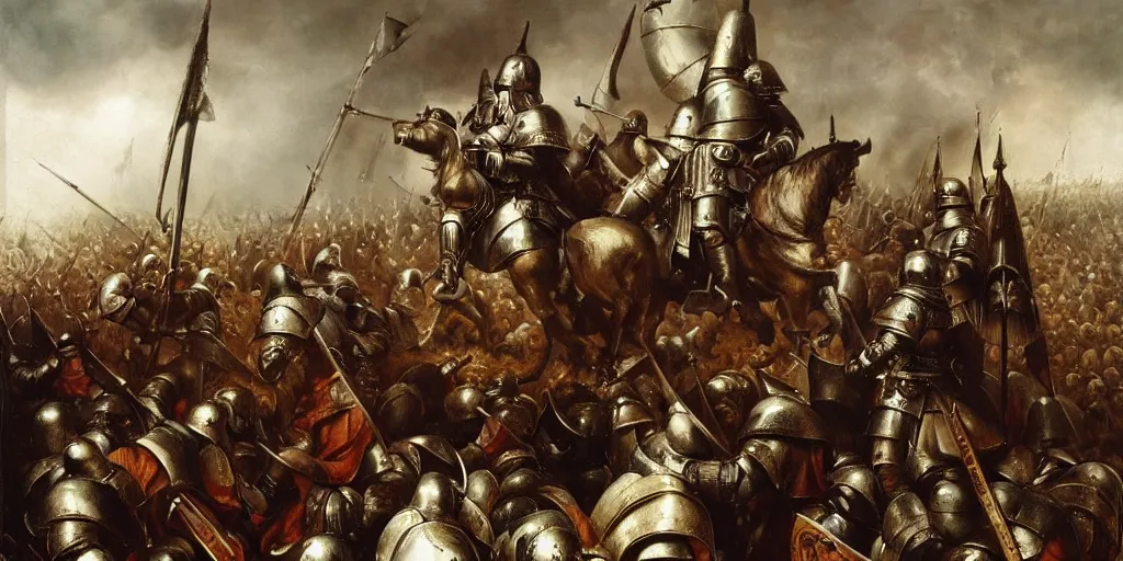 Prompt: teutonic knights victorious in the battle of grunwald, painted by jan matejko and grzegorz rutkowski. oil on canvas, sharp focus, cinematic atmosphere, detailed and intricate, perfect anatomy, detailed and intricate environment and characters