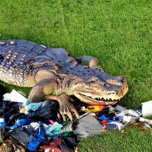 Image similar to one large alligator on a leash sleeping next to a very large mound of trash, papers, junk, and metal parts in a suburban yard