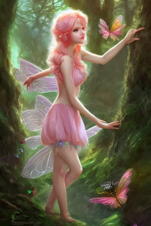 Image similar to a cute fairy in the dreamy forest, fantasy, 8 k resolution, hyper detailed, d & d, character design, digital painting, trending on artstation, sharp focus, illustration, art by artgerm, steve zheng, fuji choko, viktoria gavrilenko, hoang lap