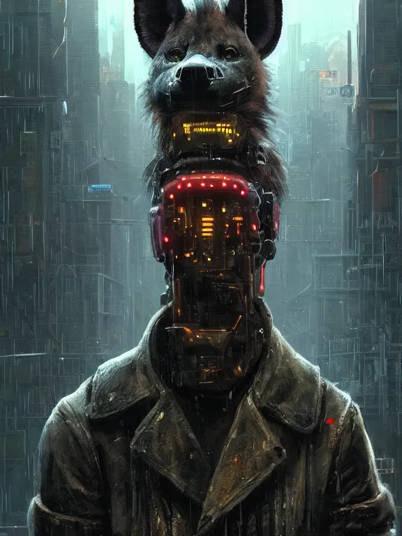 Image similar to new york city portrait of furry anthro anthropomorphic spotted hyena head animal person fursona wearing clothes strange cybernetic muzzle gloomy rainy screenshot from the video game cyberpunk 2077 digital art by Greg Rutkowski, Simon Stalenhag, christopher nolan trending on Artstation, CGSociety