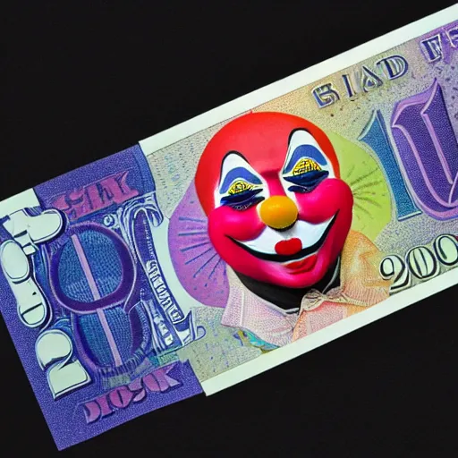 Image similar to A dollar banknote with a colorful clown face printed on it in the middle, whiteface makeup