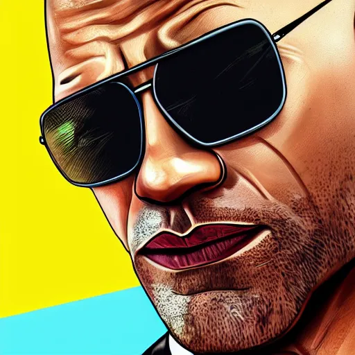 Prompt: Grand Theft Auto 5 artwork of Dwayne Johnson wearing sunglasses