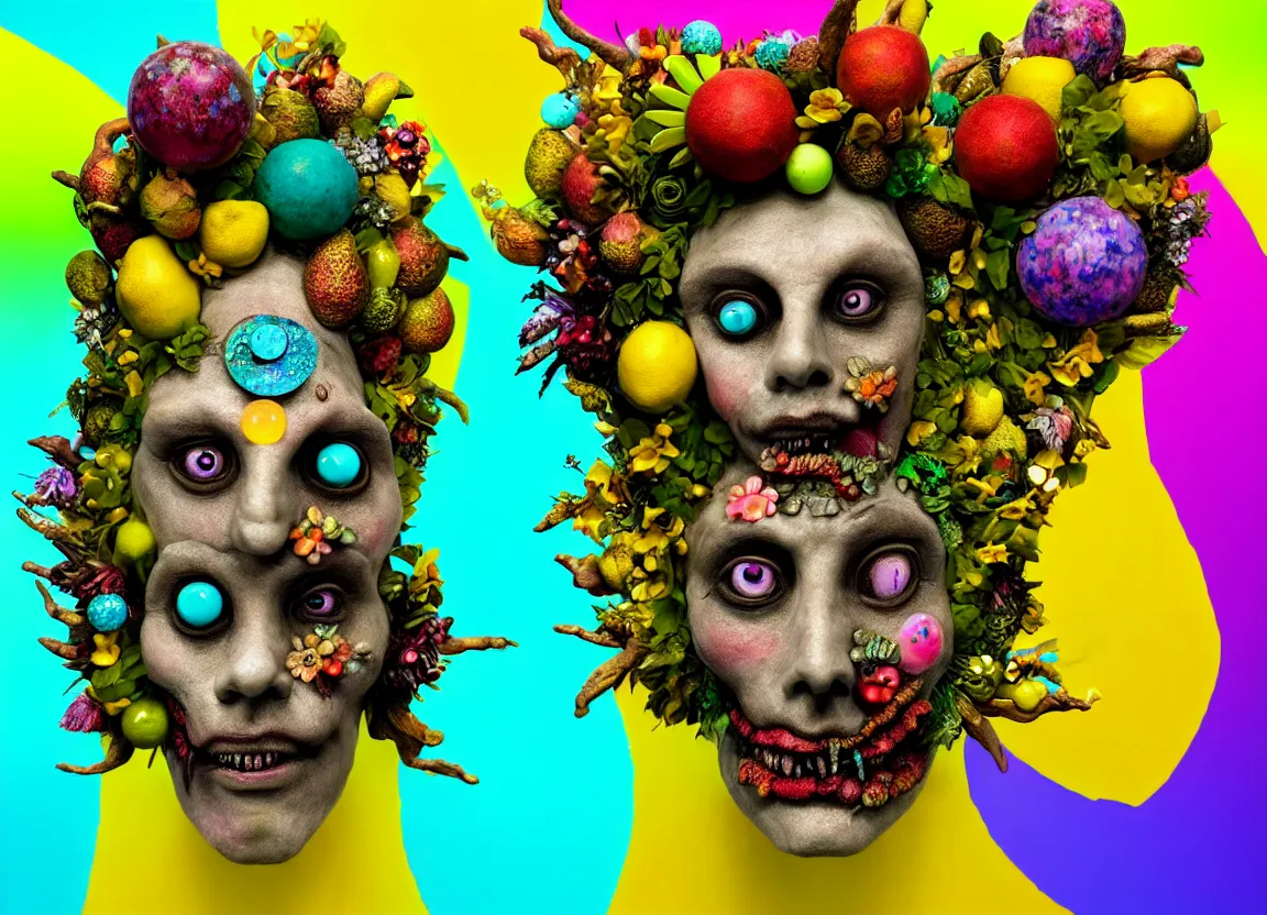 Prompt: headshot of a trickster fairy, nature zombie, head made of fruit and flowers in the style of arcimboldo, covered with gems and bubbles, fantastical, digital illustration, dynamic lighting, action figure, clay sculpture, claymation, turquoise black and yellow, rainbow stripe backdrop