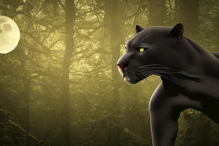 Prompt: a panther roaring at the moon in a forest during the night, large moon in the center. high quality. artistic. illustration. 4 k. cinematic. photoreal. highly detailed. dramatic. dark colors. night.