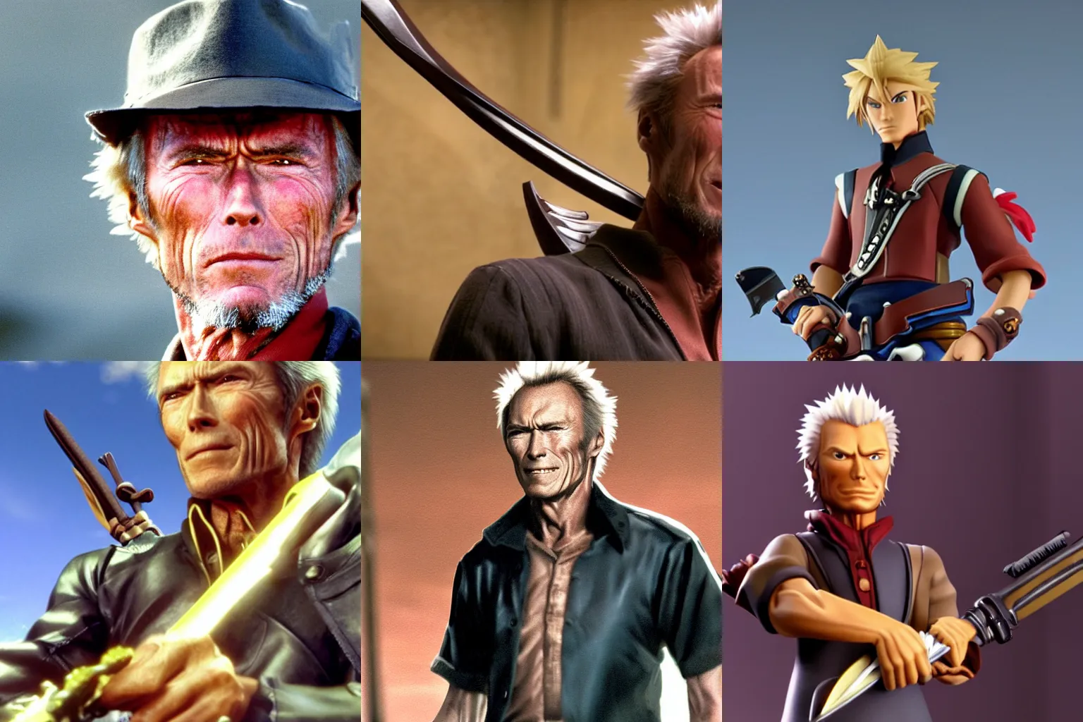 Prompt: A medium shot of Clint Eastwood as a keyblade master, in the style of final fantasy, shallow depth of field