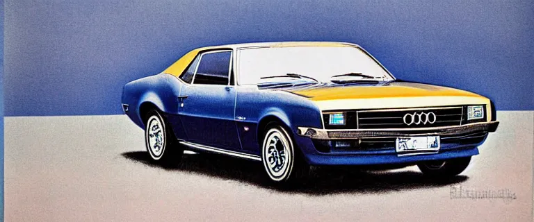 Image similar to denim blue audi camaro b 1 ( 1 9 6 7 ), 8 0 s retro poster, establishing shot