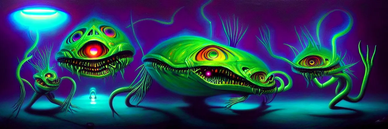 Prompt: strange alien fish creatures from the depths of the collective unconscious, dramatic lighting, surreal darkly colorful painting by ronny khalil